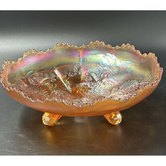 Vintage Imperial Carnival Windmill Pattern Footed Round Glass Bowl with 3 Feet - Picture 2 of 14